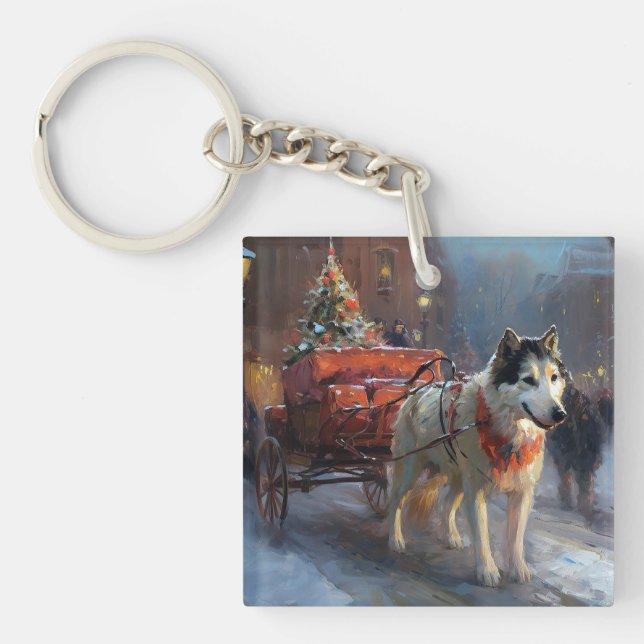 Porte-clefs Malamute d'Alaska Saison de Noël festive (Devant)