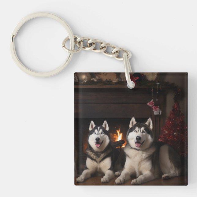 Porte-clefs Malamute en Alaska près de la cheminée Noël (Devant)