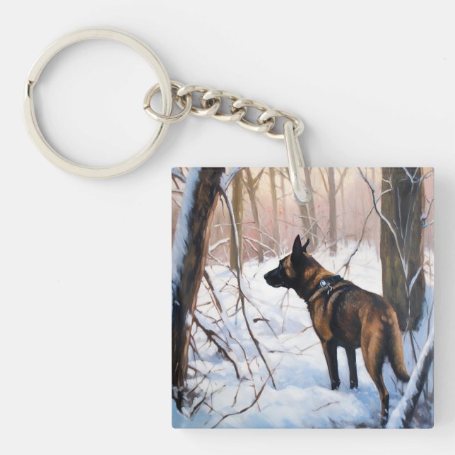 Porte-clefs Malinois Belge Qu'il neige Noël (Devant)