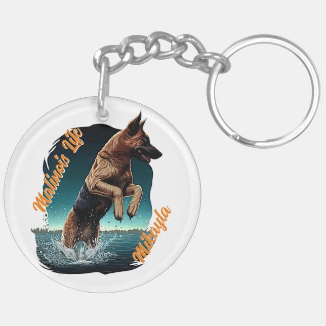 Porte-clefs Malinois noir et tan dans l'eau (Dos droit)