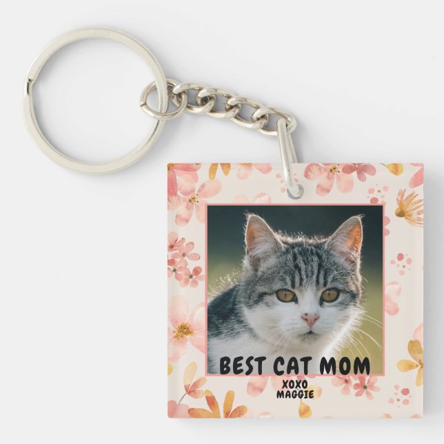 Porte-clefs Maman Chat Rose Floral Photo  (Devant)