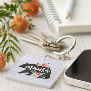 Porte-clefs Maman Ours Élégant Rustique Floral Fleurs Maman