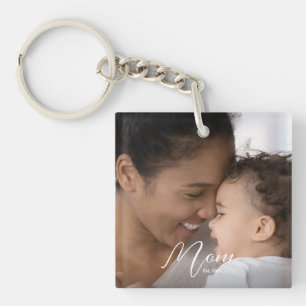 Porte-clefs Maman personnalisée Écriture moderne Photo établie