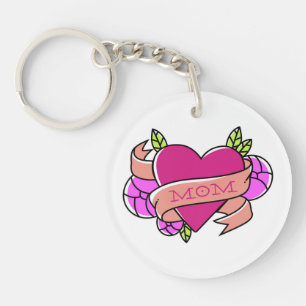 Porte-clefs Maman Tatouage rose Noir Blanc Fleurs Coeur Amour