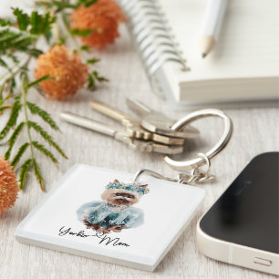 Porte-clefs Maman Yorkie Mignon Yorkie avec robe bleue Art