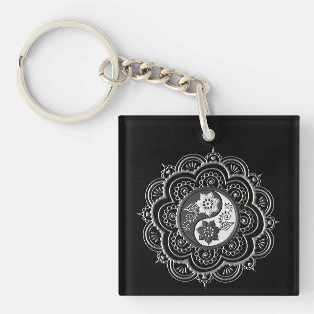 Porte-clefs Mandala argent et noir (Devant)