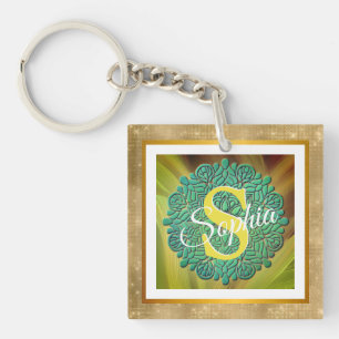 Porte-clefs Mandala de monogramme personnalisé or et bleu