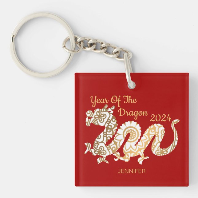 Porte-clefs Mandala Dragon 2024 Chinois Nouvel An Rouge (Devant)