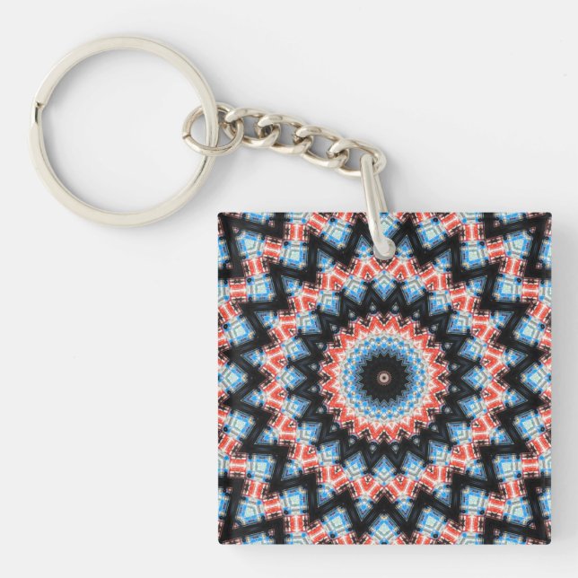 Porte-clefs Mandala étoile noir, bleu et rouge (Devant)