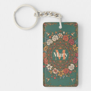 Porte-clefs Mandala floral sarcelle vintage avec colibris et