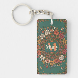 Porte-clefs Mandala floral sarcelle vintage avec colibris et