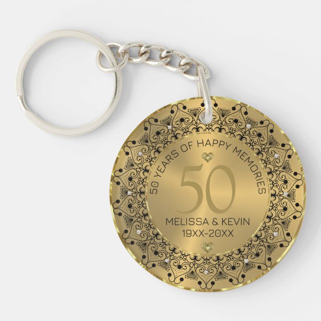 Porte-clefs Mandala Noir sur Gold 50e anniversaire Mariage (Devant)