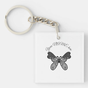 Porte-clefs Mandala papillon boho complexe noir et blanc A