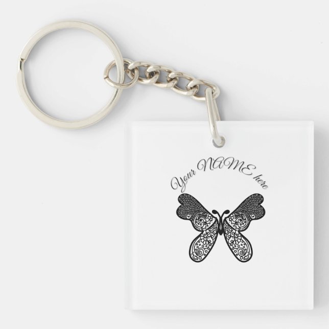 Porte-clefs Mandala papillon boho complexe noir et blanc A (Devant)