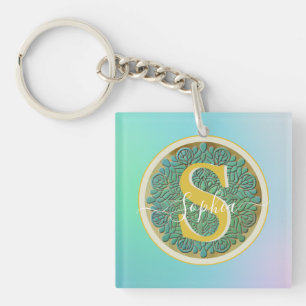 Porte-clefs Mandala personnalisé à monogramme or et bleu