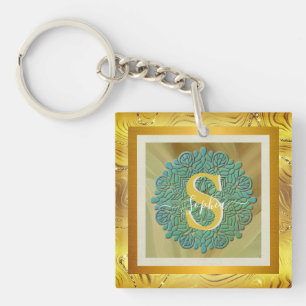 Porte-clefs Mandala personnalisé à monogramme or et bleu