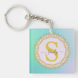 Porte-clefs Mandala personnalisé à monogramme or et bleu