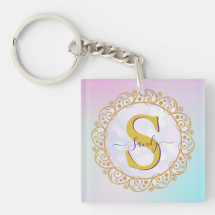 Porte-clefs Mandala personnalisé à monogramme or et bleu