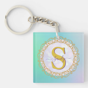 Porte-clefs Mandala personnalisé à monogramme or et bleu