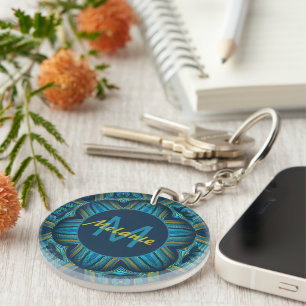 Porte-clefs Mandala Personnalisé Orné Bleu Jaune Abstrait