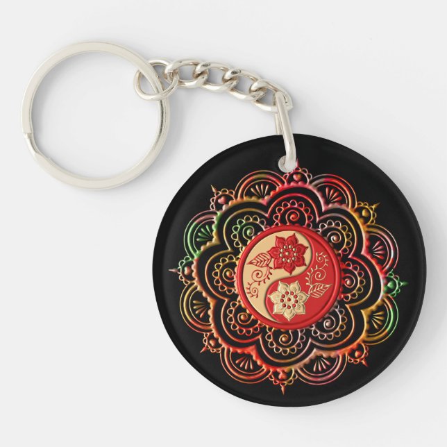 Porte-clefs Mandala rouge et or (Devant)