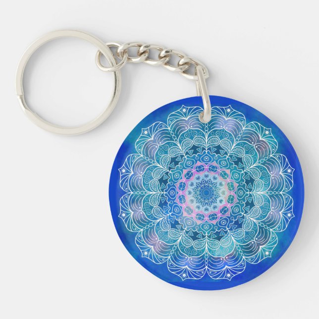 Porte-clefs Mandala White Outline bleu Aquarelle - (Devant)