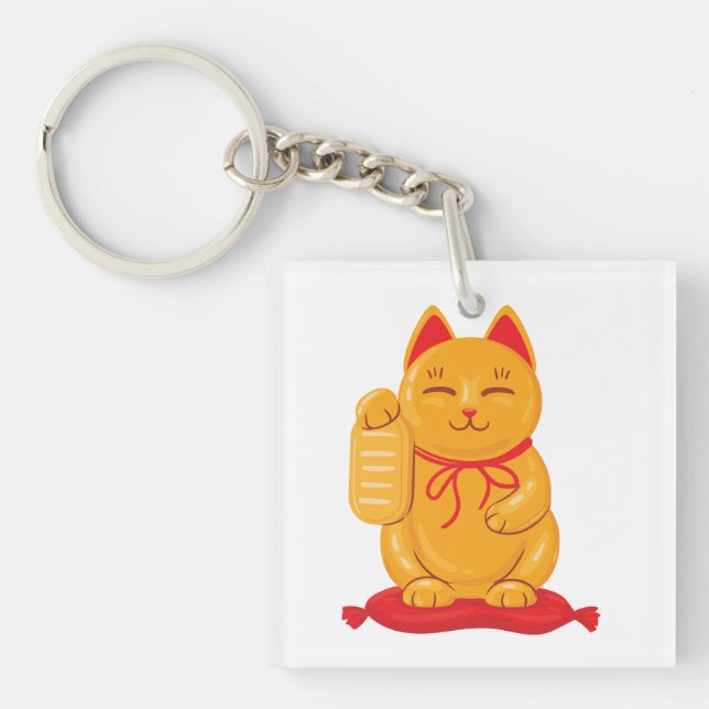 Porte-clefs Maneki Neko Chat d'or japonais, Symbole de richess (Devant)