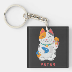 Porte-clefs Maneki Neko White Chat, symbole de bonne chance