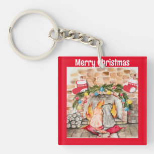 Porte-clefs Manoir de Noël confortable avec chien et chat