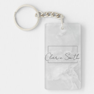 Porte-clefs marbre blanc chic minimaliste avec nom personnalis