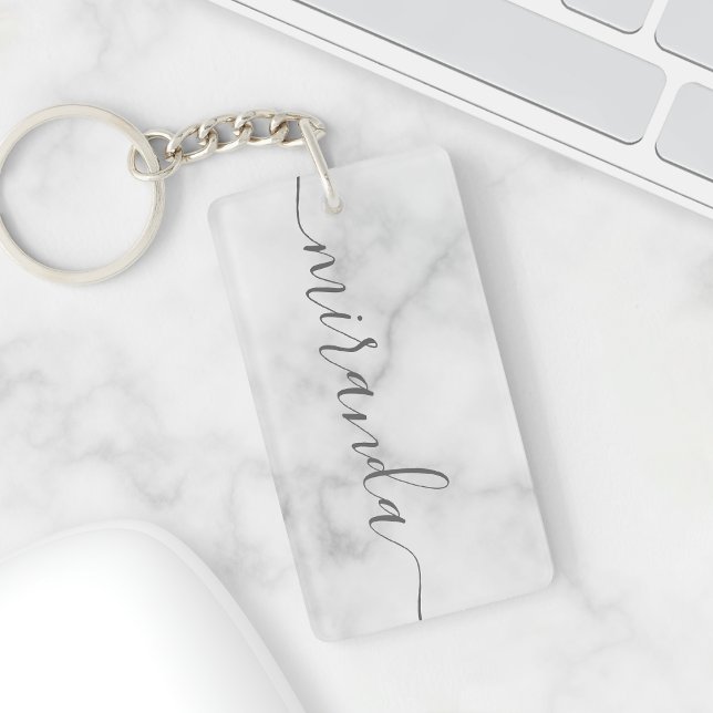 Porte-clefs Marbre blanc de nom personnalisé de script moderne (Créateur téléchargé)