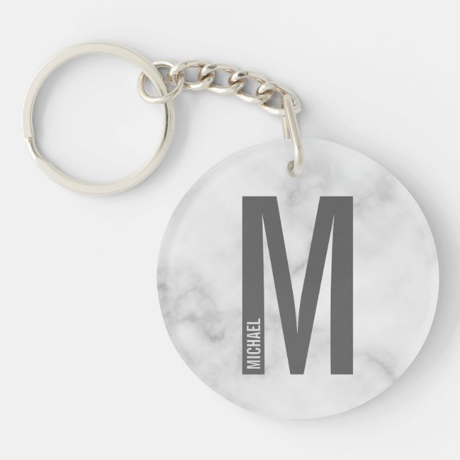 Porte-clefs Marbre Blanc Monogramme et Nom Personnalisés (Devant)