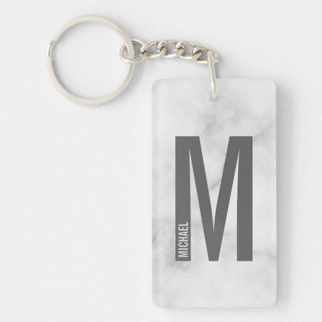 Porte-clefs Marbre blanc Monogramme personnalisé et nom (Devant)