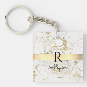 Porte-clefs Marbre Blanc & Or Barre Or, DIY Monogramme Nom Noi
