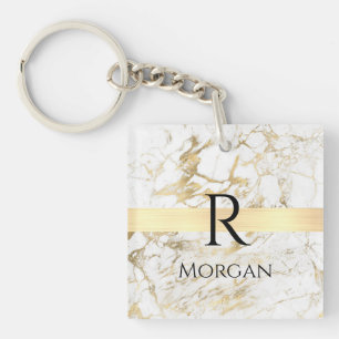 Porte-clefs Marbre Blanc & Or Barre Or, DIY Monogramme Nom Noi