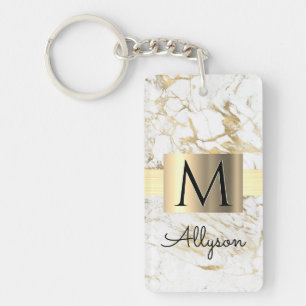 Porte-clefs Marbre Blanc & Or, Boîte Dorée, Monogramme au Nom
