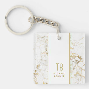 Porte-clefs Marbre Blanc Or Monogramme Élégant