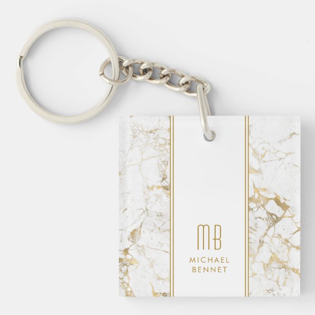 Porte-clefs Marbre Blanc Or Monogramme Élégant   (Devant)