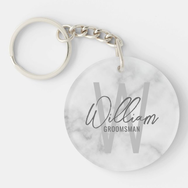 Porte-clefs Marbre blanc Script moderne Groomsmen personnalisé (Devant)