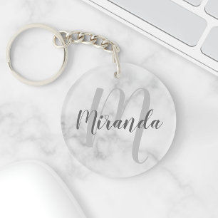 Porte-clefs Marbre blanc Script Monogramme personnalisé et nom