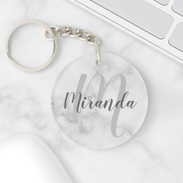 Porte-clefs Marbre blanc Script Monogramme personnalisé et nom (Créateur téléchargé)