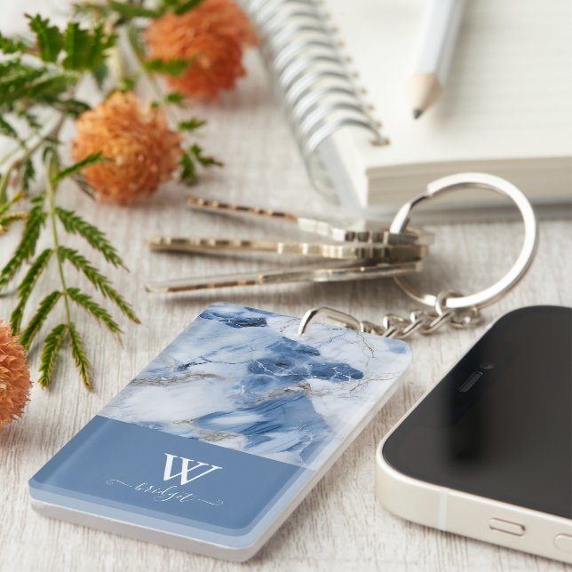 Porte-clefs marbre bleu abstrait motif côtier (Devant droit)