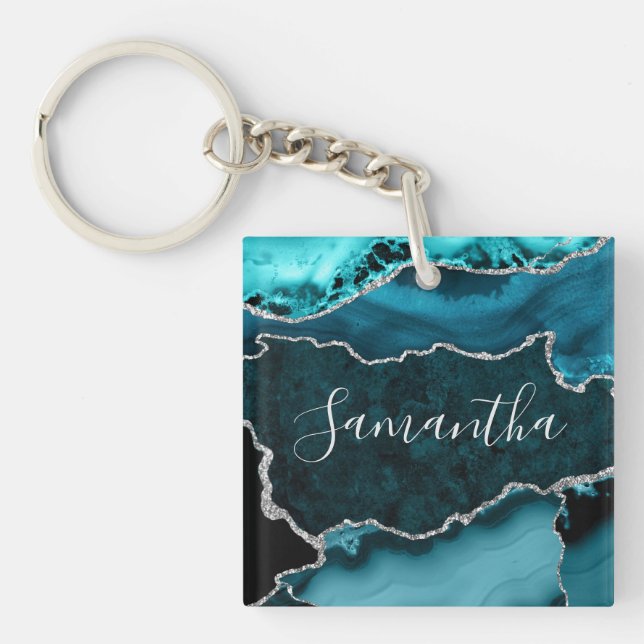 Porte-clefs Marbre d'agate pailleté de sarcelle et de faux arg (Devant)