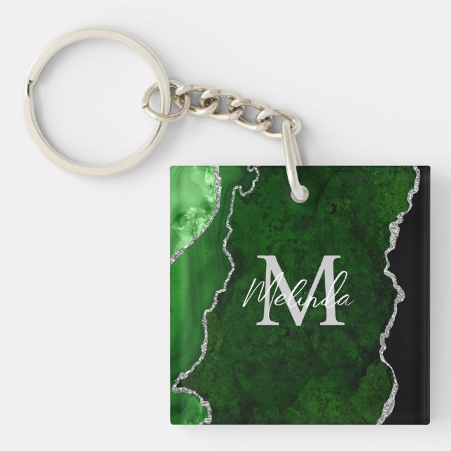 Porte-clefs Marbre d'agate vert et argent (Devant)