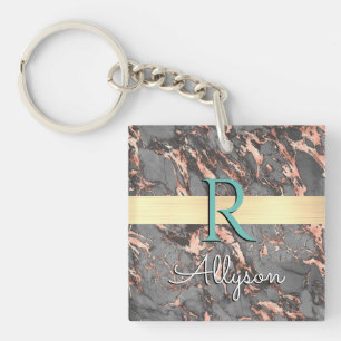 Porte-clefs Marbre gris et or rose, barre dorée, nom et monogr