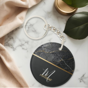 Porte-clefs Marbre gris noir moderne chic monogramme or 