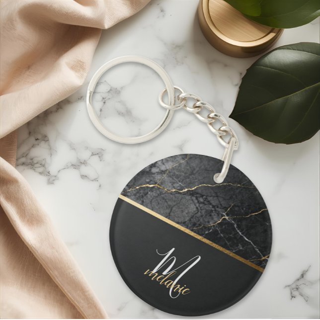 Porte-clefs Marbre gris noir moderne chic monogramme or  (Créateur téléchargé)