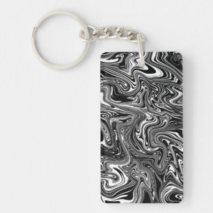 Porte-clefs Marbre Liquide Noir et Blanc Abstrait