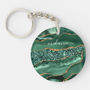 Porte-clefs Marbre Vert Parties scintillant Or Nom personnalis