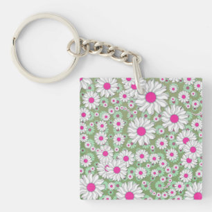 Porte-clefs Marguerites de printemps blanches roses vertes